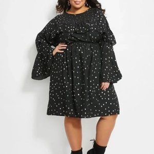 NWT Ashley Stewart Black and Gold Long Sleeve Ruffle Dress 2X 18/20